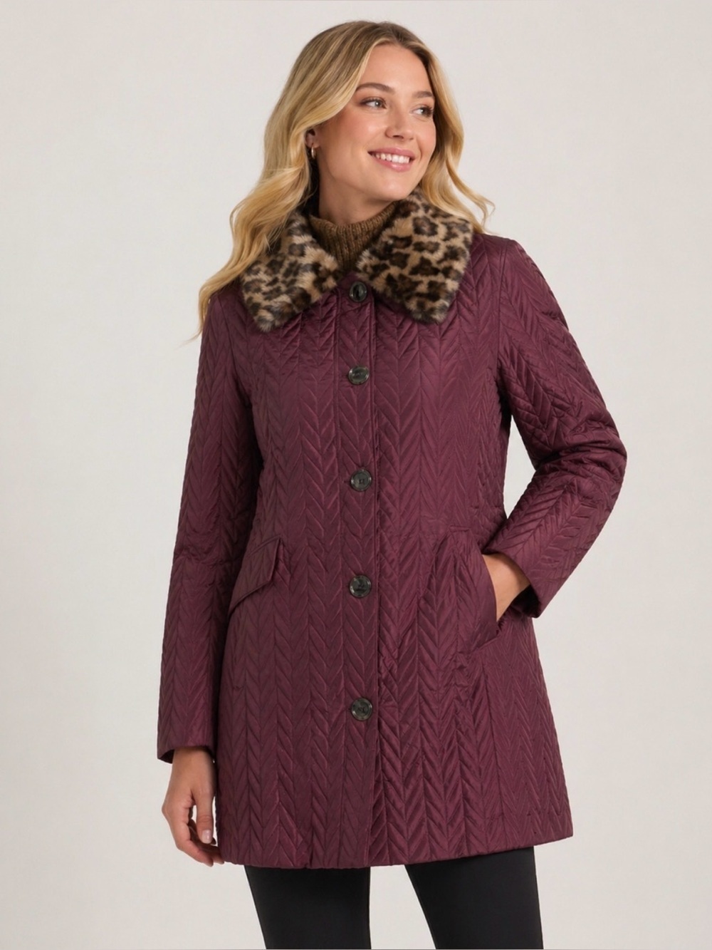 KATE SPADE L CHEVRON Leopard print Faux Fur removable collar QUILTED jacket